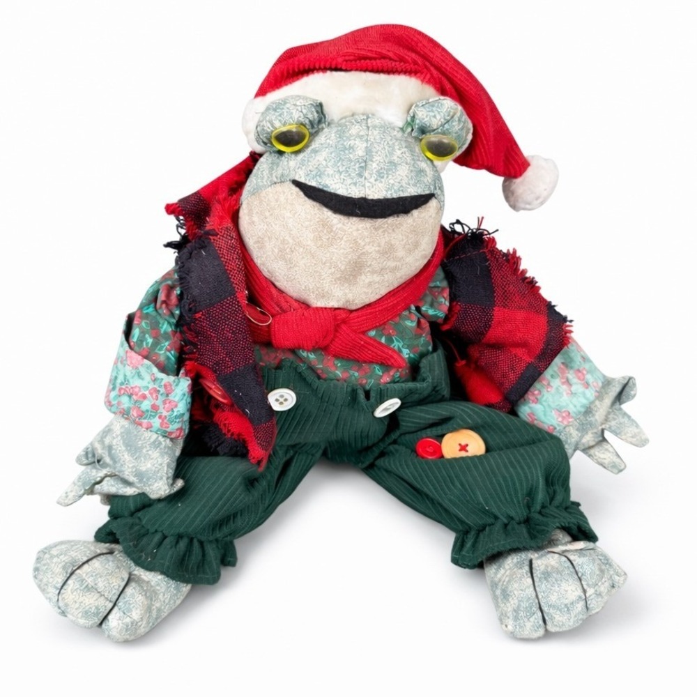 Vintage Avon Christmas Frog Plush Doll Santa Hat Plaid Vest Holiday Decor 16"TOY